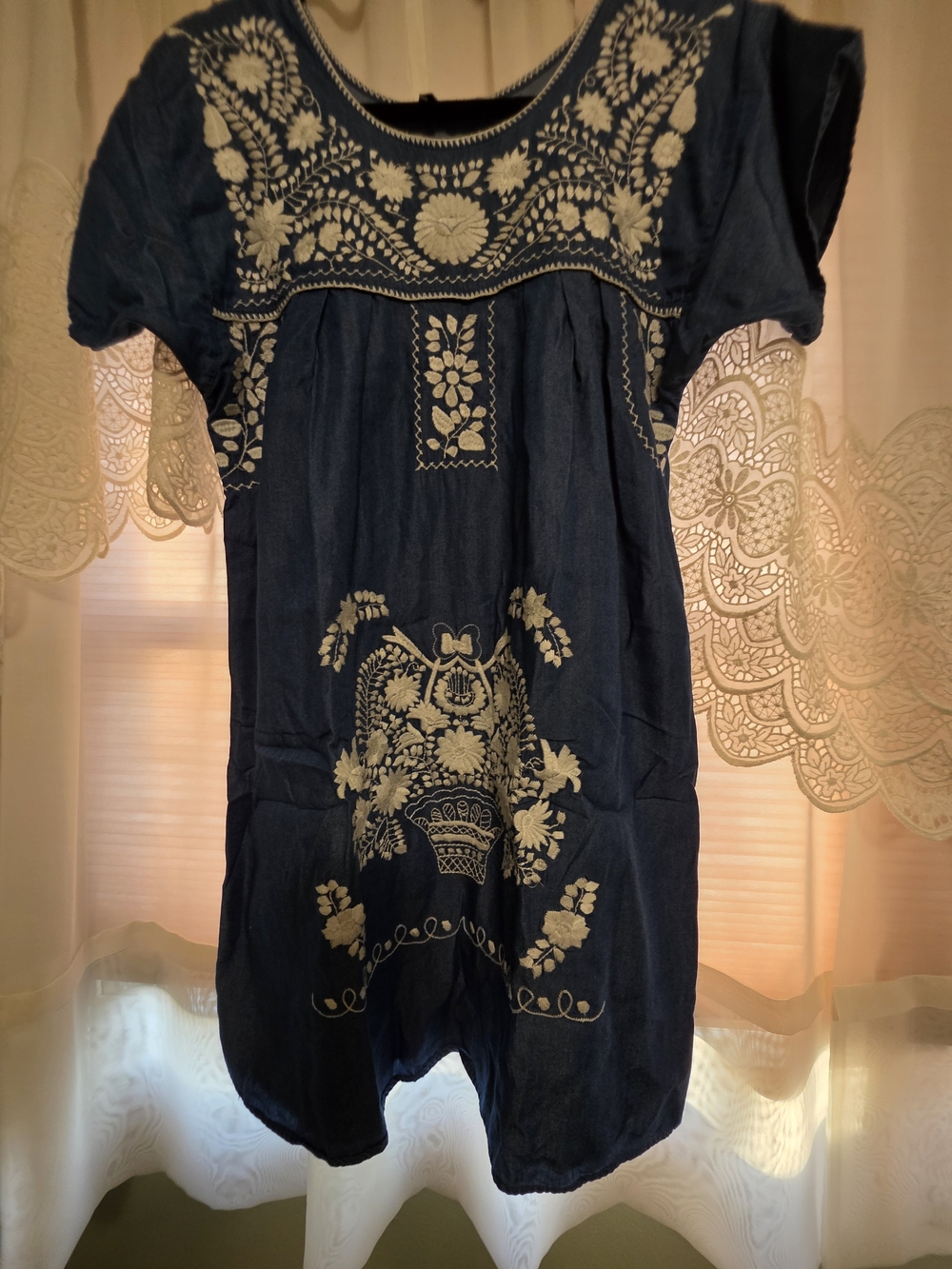 Navy One-Piece Dress with Cream Floral Embroidery